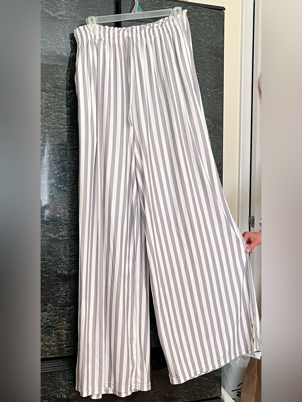 Striped Wide-Leg Palazzo Pants in White & Light Gray- Retro/Disco Flare Chic